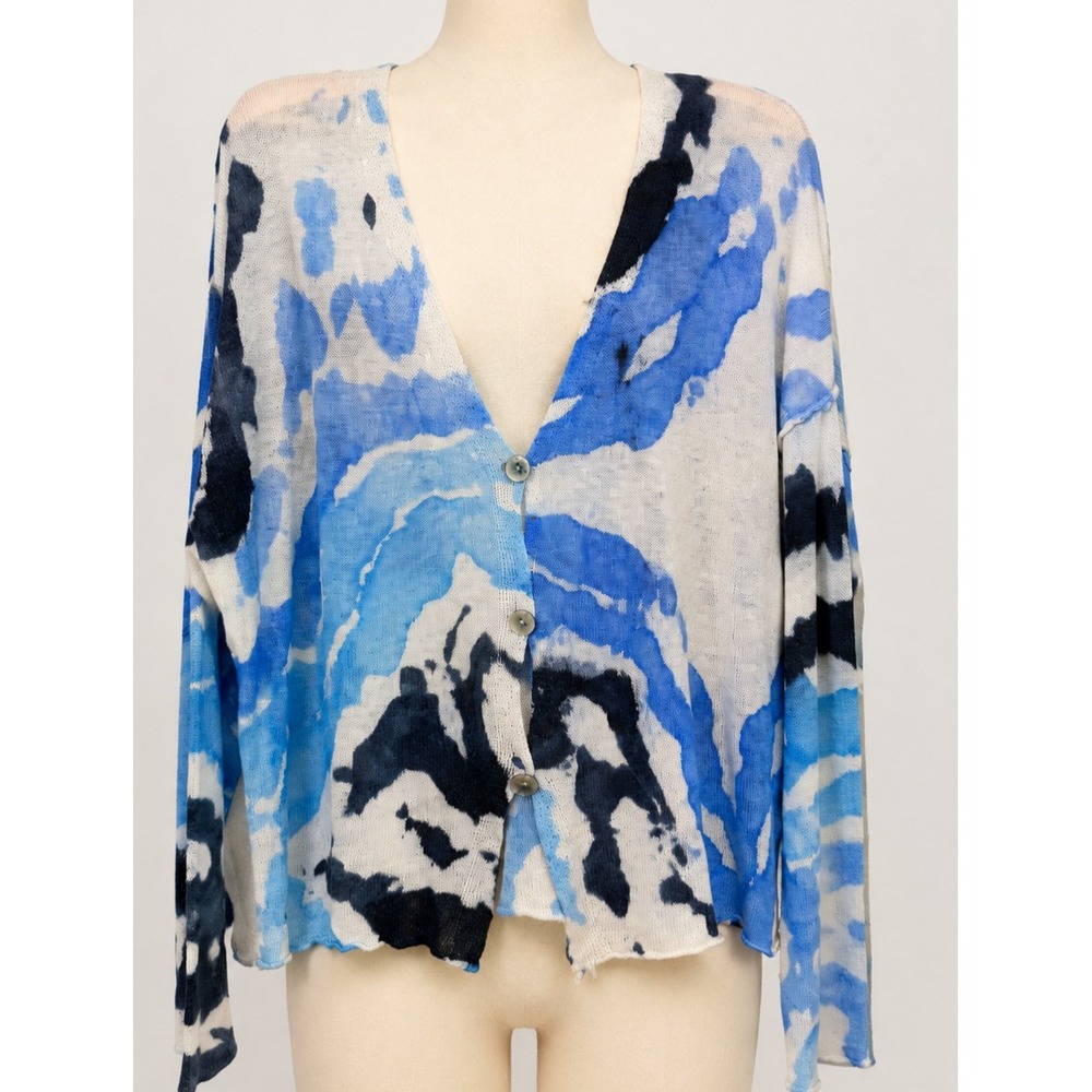 Alembika Cardigan Sweater Blue Abstract Print Lightweight Lagenlook Woven XS